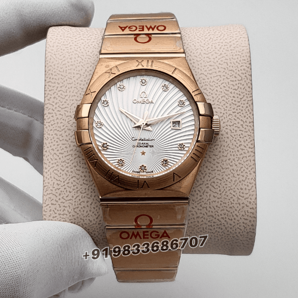 omega constellation first copy Co Axial Chronometer Rose Gold White Dial