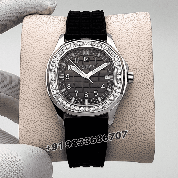Patek Philippe Aquanaut Steel Black Dial Diamonds Marking Bezel Rubber Strap High Quality Women’s Watch (1)