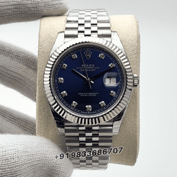 Rolex Datejust Oystersteel and White Gold Bright Blue with Diamonds Set Dial 41mm Exact 11 Top Quality Super Clone Swiss ETA 3235 Automatic Movement Watch