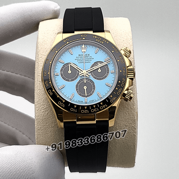Rolex Cosmograph Daytona 18kt Yellow Gold Oysterflex Turquoise Blue and Black Dial 40mm Exact 11 Top Quality Super Clone Replica S (1)