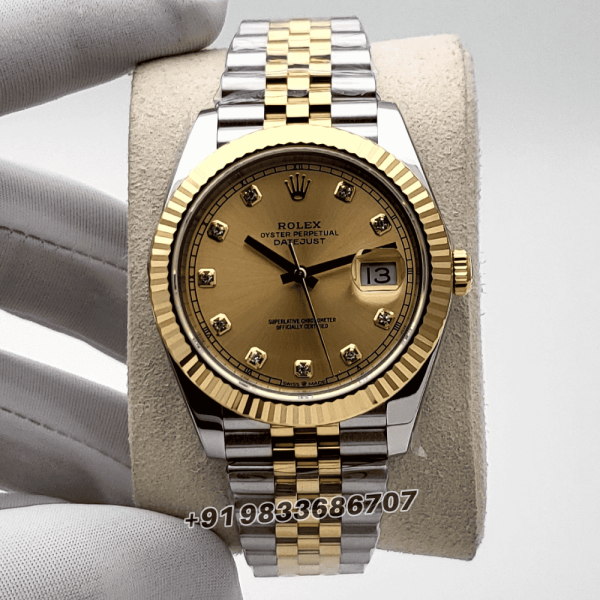 Rolex Datejust Oystersteel and Yellow Gold Champagne-Colour with Diamonds Set Dial 41mm Exact 1:1 Top Quality Super Clone Swiss ETA 3235 Automatic Movement Watch