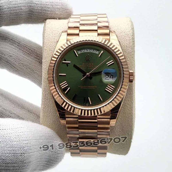 Rolex Day-Date Everose Gold Olive Green Dial 40mm Exact 1:1 Top Quality Super Clone Replica Swiss ETA 3255 Automatic Movement Watch