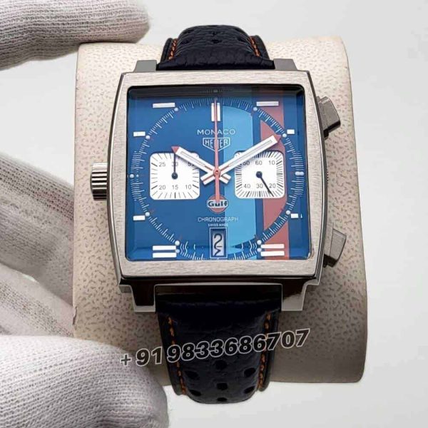 Tag Heuer Monaco Gulf Chronograph Silver Multicolour Dial Leather Strap Super High Quality Watch (1)