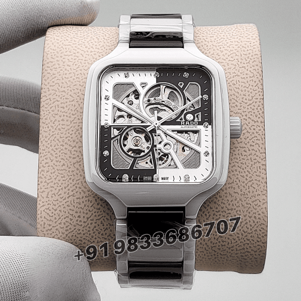 True Square White and Black Open Heart Diamonds High Quality Swiss Automatic Movement Watch (4)