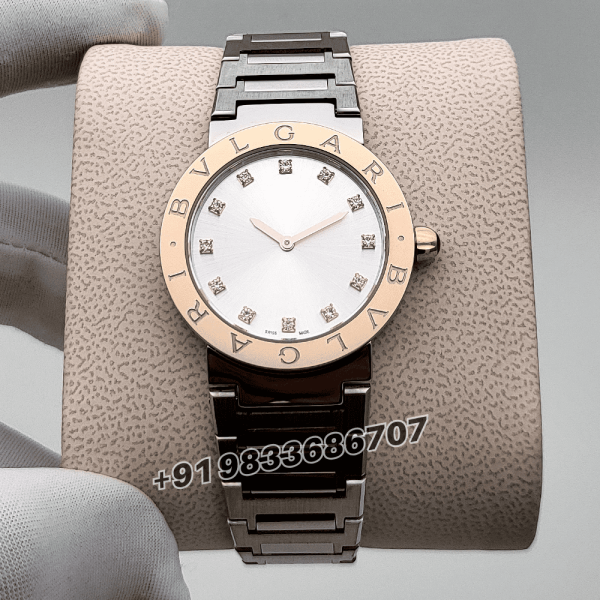 vlgari Bvlgari Stainless Steel Rose Gold Bezel Silver Sunray Dial High Quality Women’s Watch (1)