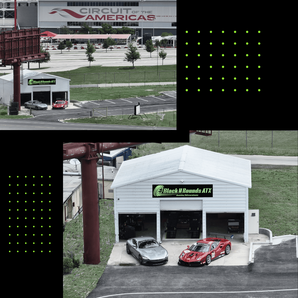 Black n Rounds ATX tire shop with two sports cars outside.