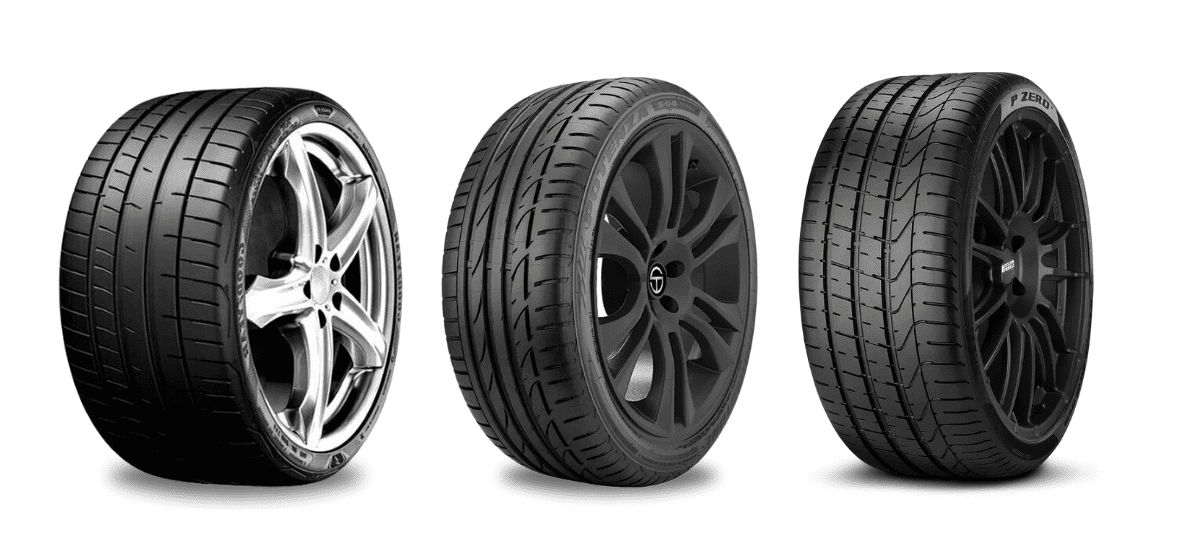 Set of three high-performance tires suitable for Tesla Model 3, Model Y, and Ford F-150.