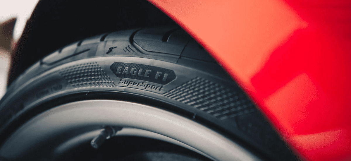Close-up of Eagle F1 SuperSport tire on a Tesla Model 3 wheel.