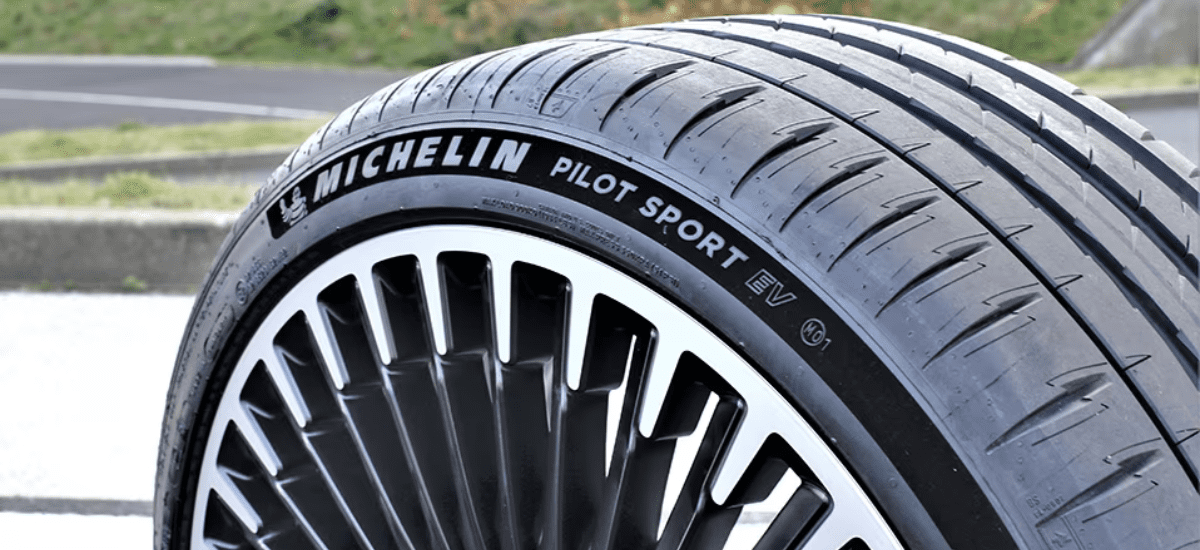 Close-up of Michelin Pilot Sport EV tire on a vehicle.