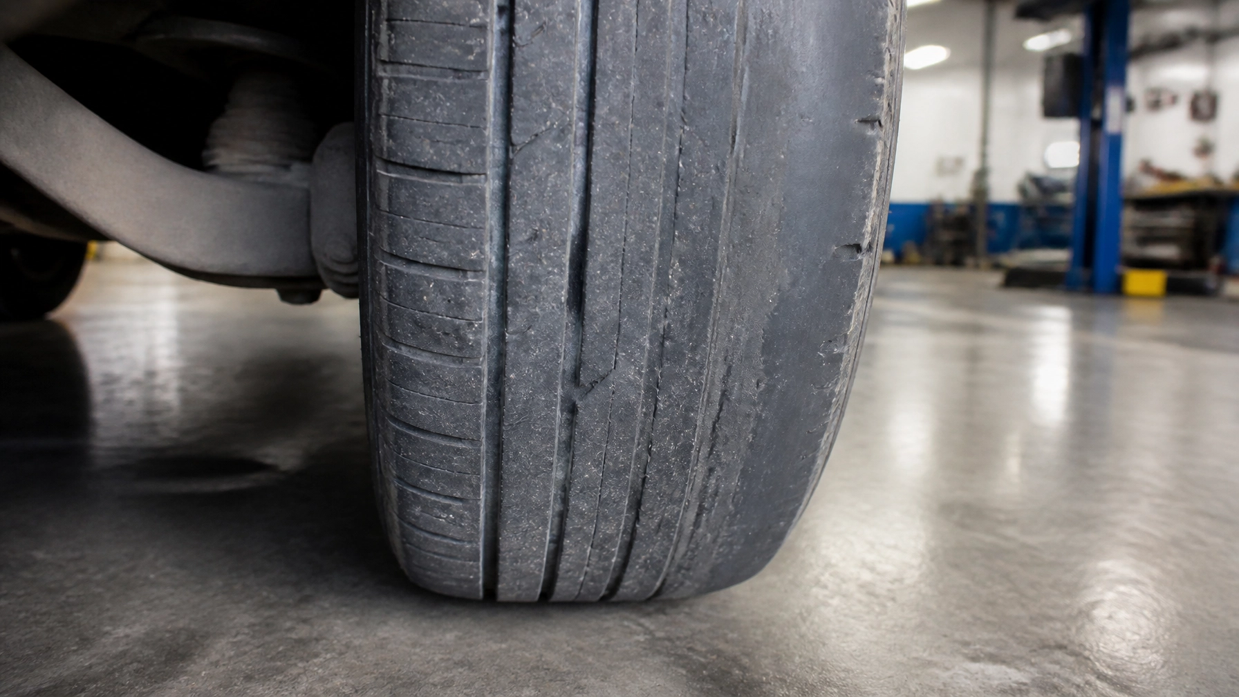 Close-up of a car tire at Black n Rounds ATX tire shop in Austin, TX.