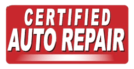 Certified auto repair shop sign with red background and bold text.