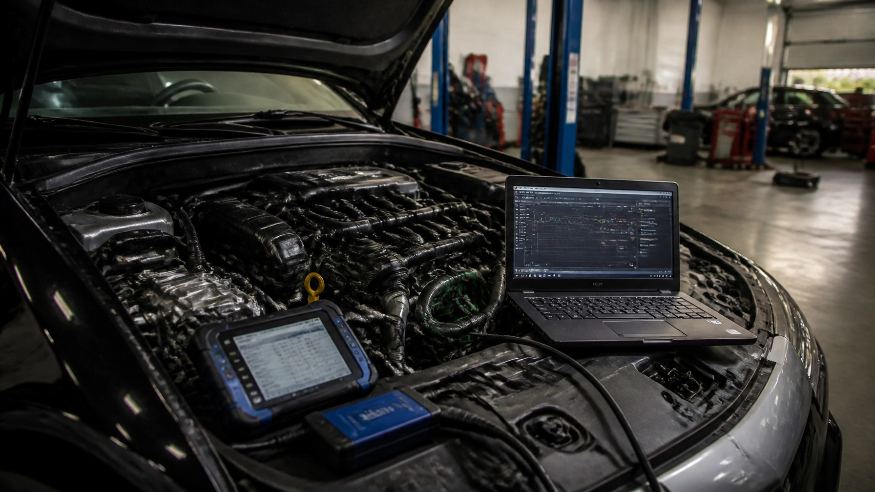 Car engine being diagnosed with advanced tools at Blanco's Flawless.