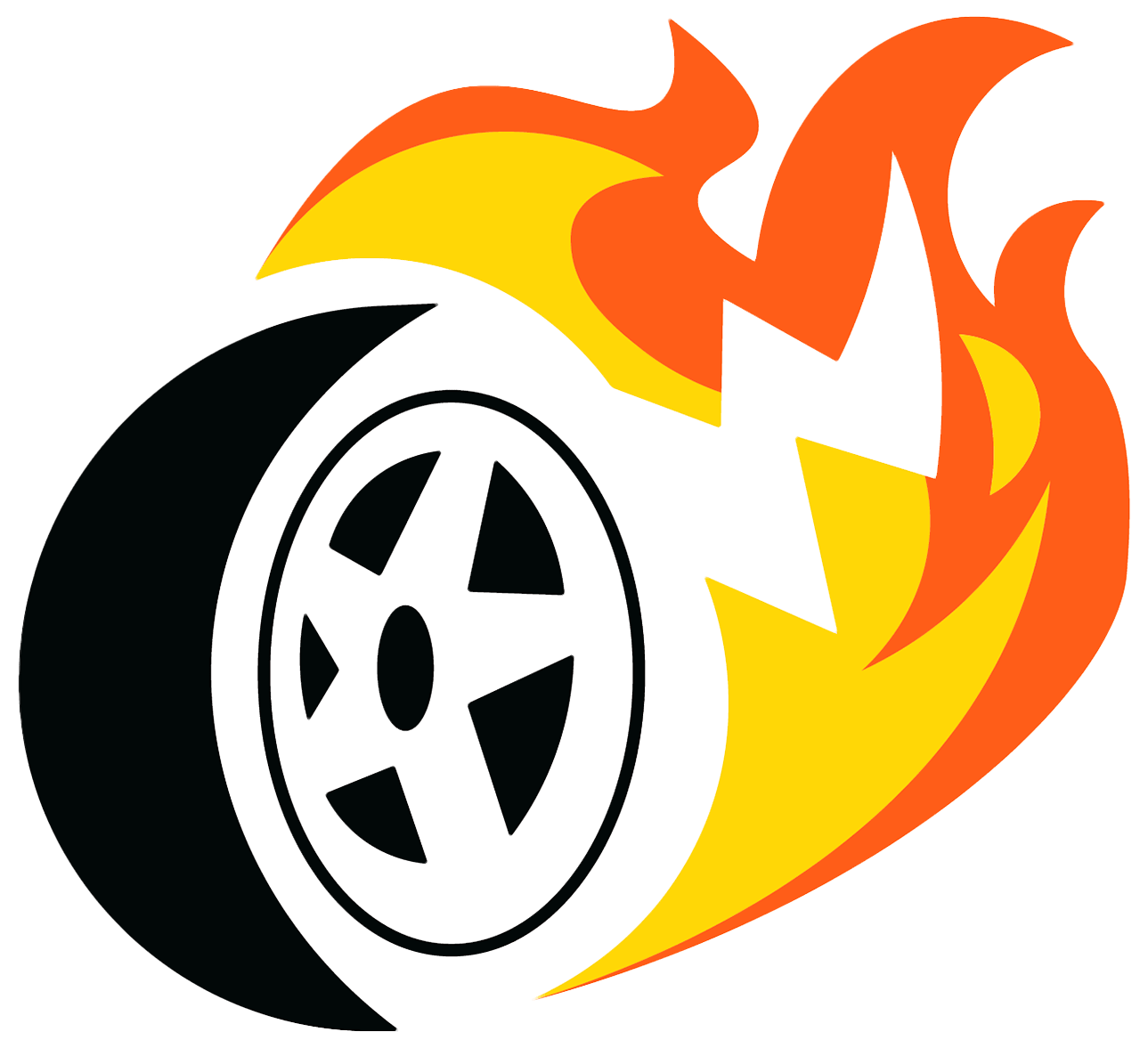 Custom tire logo with flames, representing auto repair services.