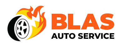 Blas Auto Service logo with a tire and flame design for auto repair.