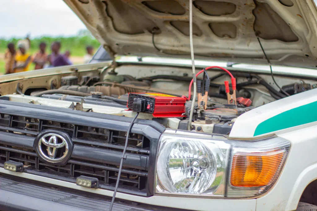 Vehicle battery testing during preventative maintenance at Blas Auto Service.