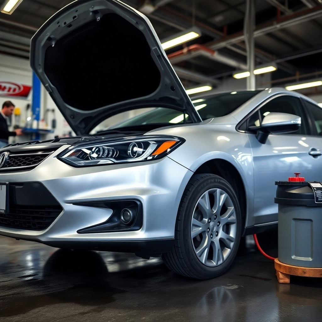 A silver Acura undergoing car repairs