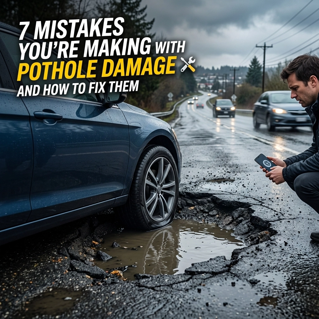 Car with pothole damage on wet road, vehicle repair service.