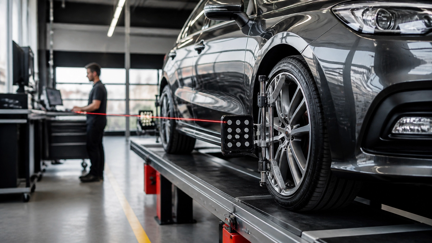Technician inspecting a black car on a lift at Blas Auto Service.