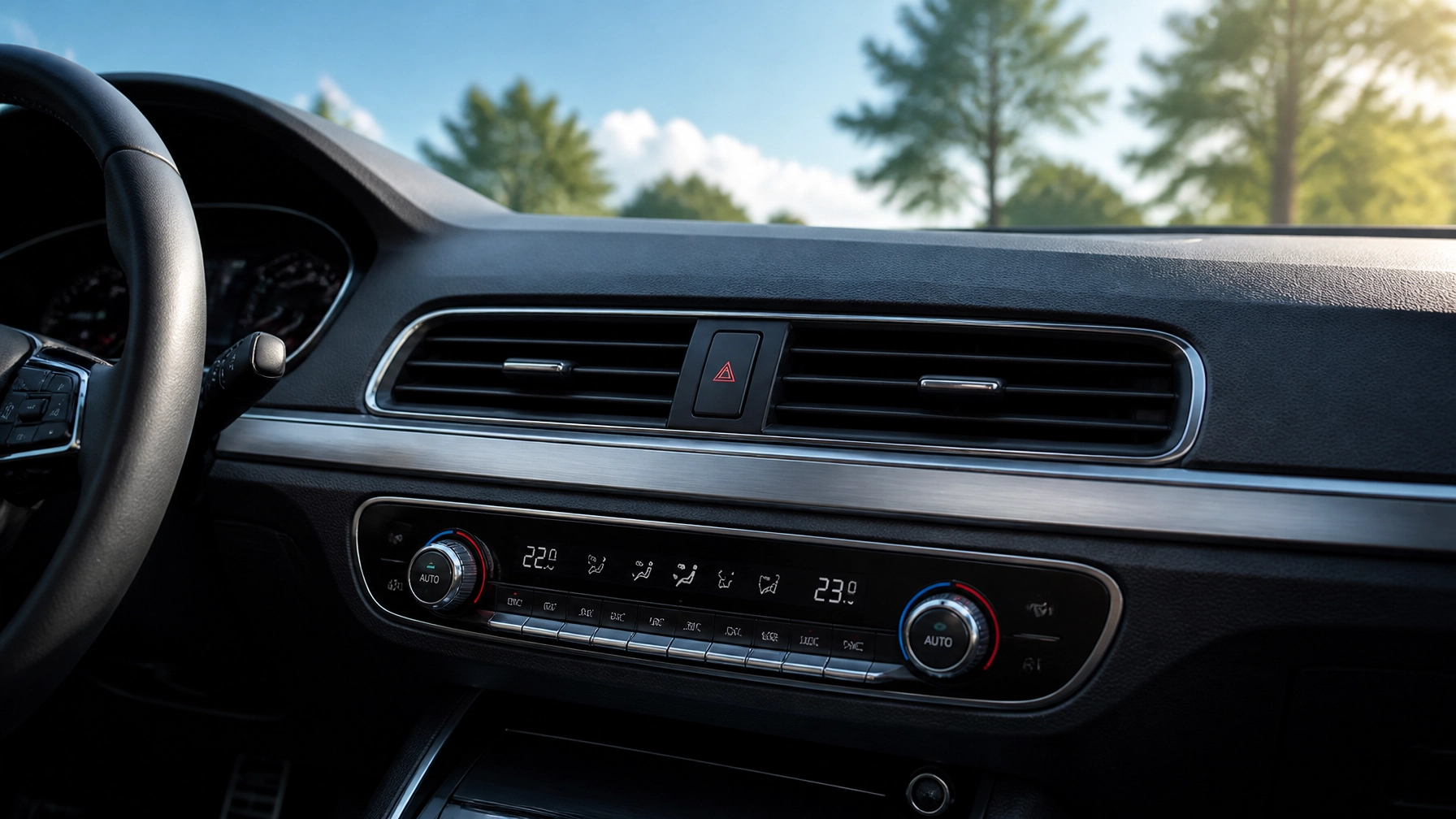 Close-up of car dashboard with climate control and air vents at Blas Auto Service.