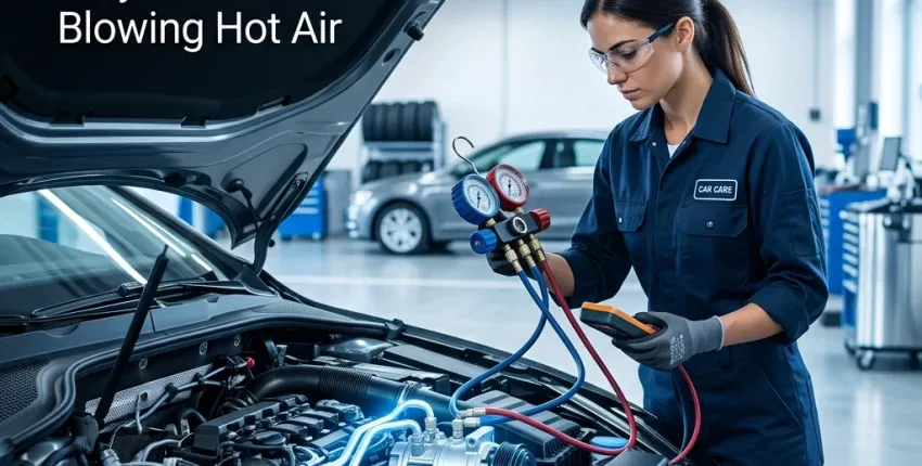 A/C repair technician checking car's air conditioning system with gauges in auto shop.