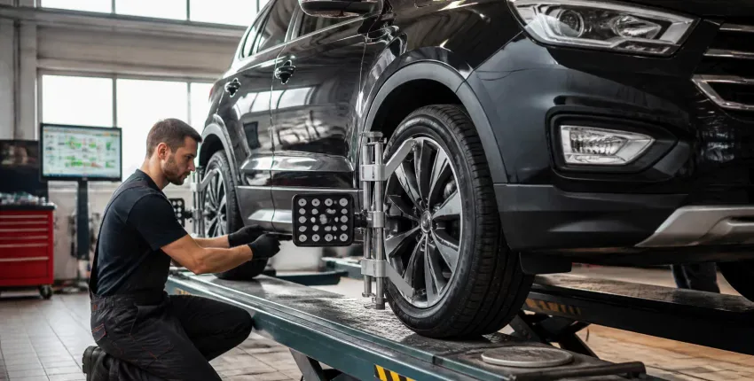 Technician inspecting a black SUV on a lift at Bluestone Automotive.