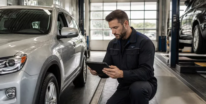 Automotive technician using tablet for vehicle diagnostics at BlueStone Auto.