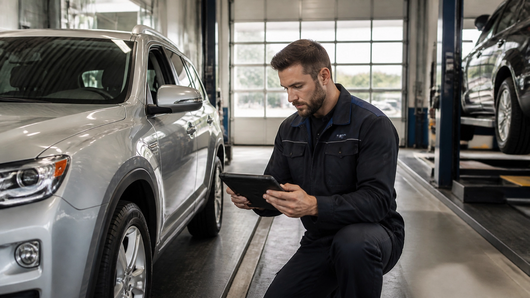 Automotive technician using tablet for vehicle diagnostics at BlueStone Auto.