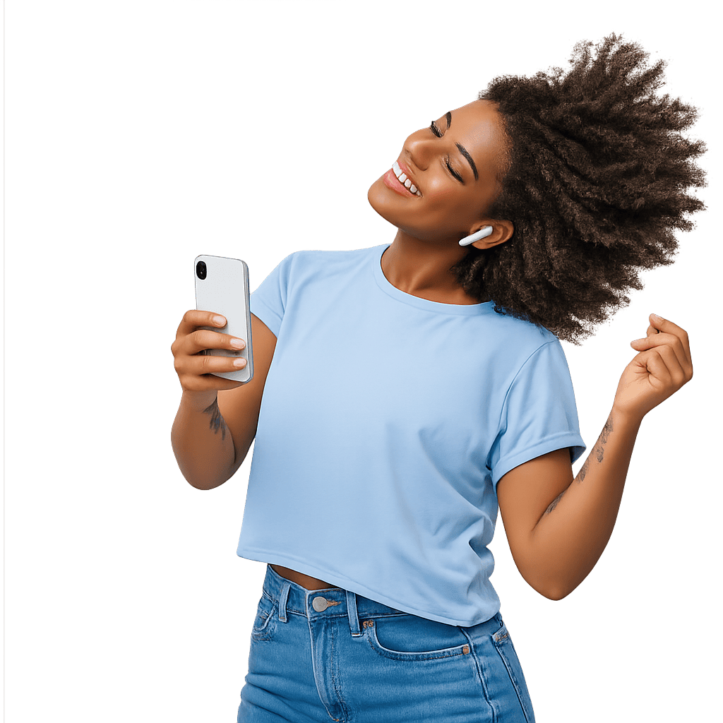 Happy woman listening to music on her smartphone, smiling and dancing.