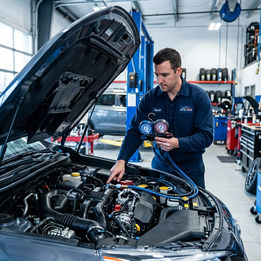 Engine diagnostic technician inspecting a car engine at an auto repair shop.