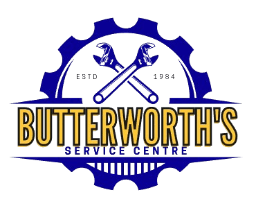 Butterworth's Service Centre logo with tools and gear icon.