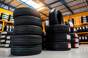 Tires stacked in a well-lit warehouse at Butterworth's Service Centre.