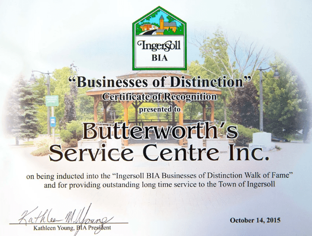 Recognition certificate for Butterworth's Service Centre Inc. at Ingersoll BIA.