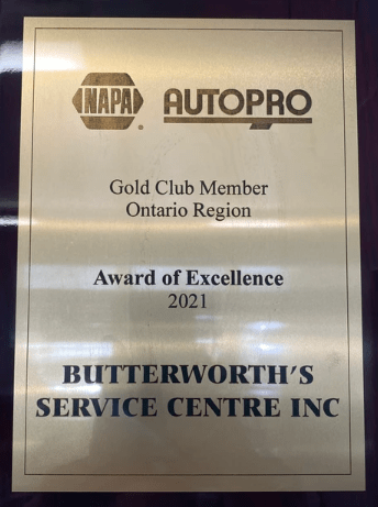 Award of Excellence 2021 for outstanding service and customer satisfaction at Butterworth's Service.