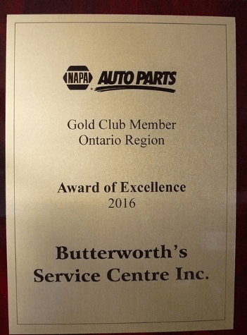 Award of Excellence 2016 from NAPA Auto Parts to Butterworth's Service Centre Inc.
