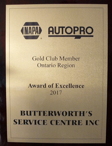 NAPA Autopro Award of Excellence 2017 for Butterworth's Service Centre.