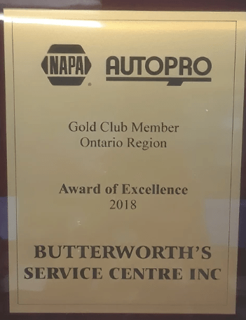 Award plaque at Butterworth's Service Centre recognizing excellence in Ontario.