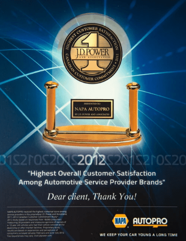 Butterworth's Service Centre award for top customer satisfaction in automotive service.