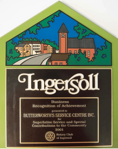 Recognition plaque for Butterworth's Service Centre in Ingersoll, celebrating community contribution.