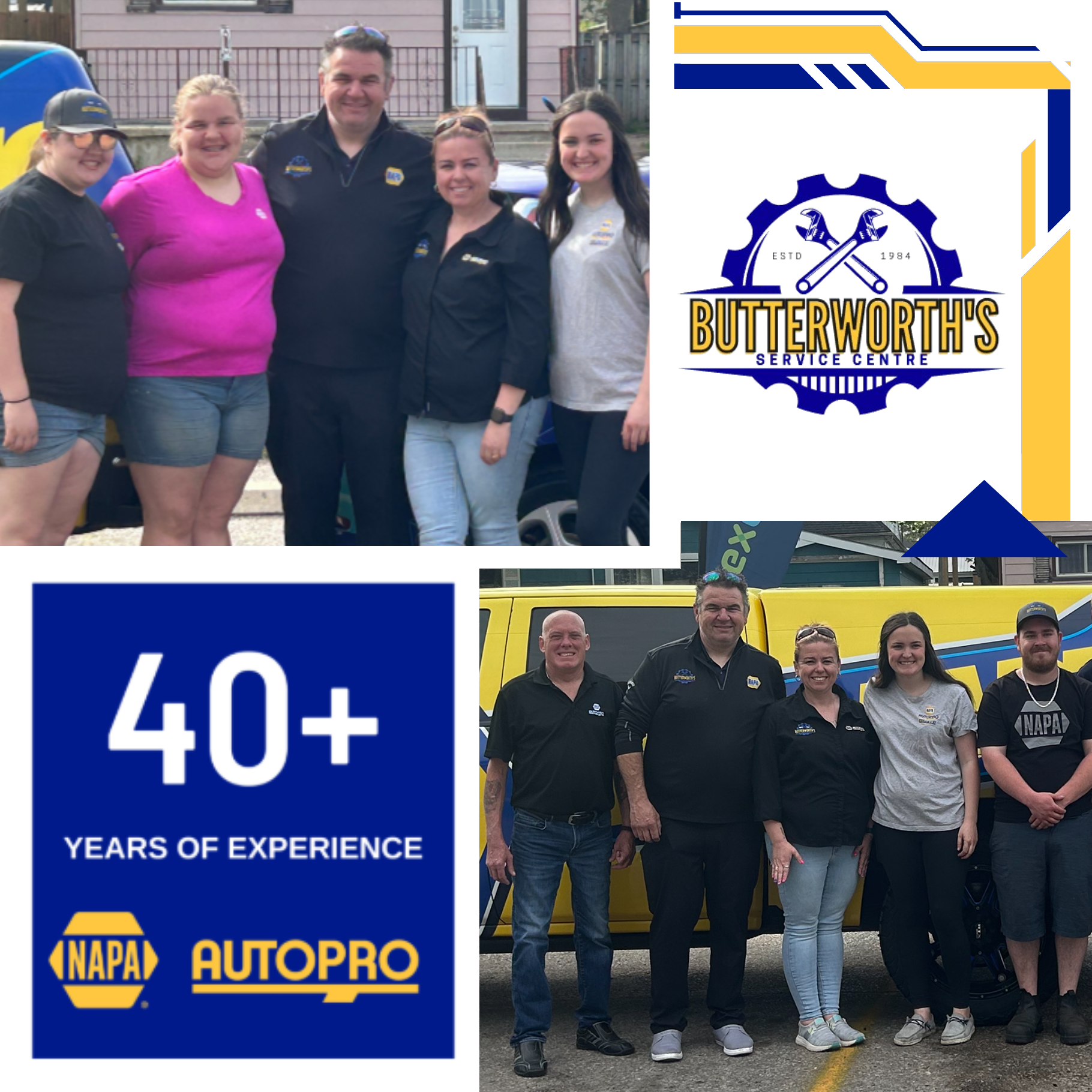 Friendly team at Butterworth's Service Centre in front of service vehicles.