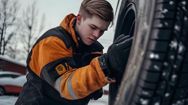 Technician inspecting a car tire outdoors at Butterworth's Service Centre.