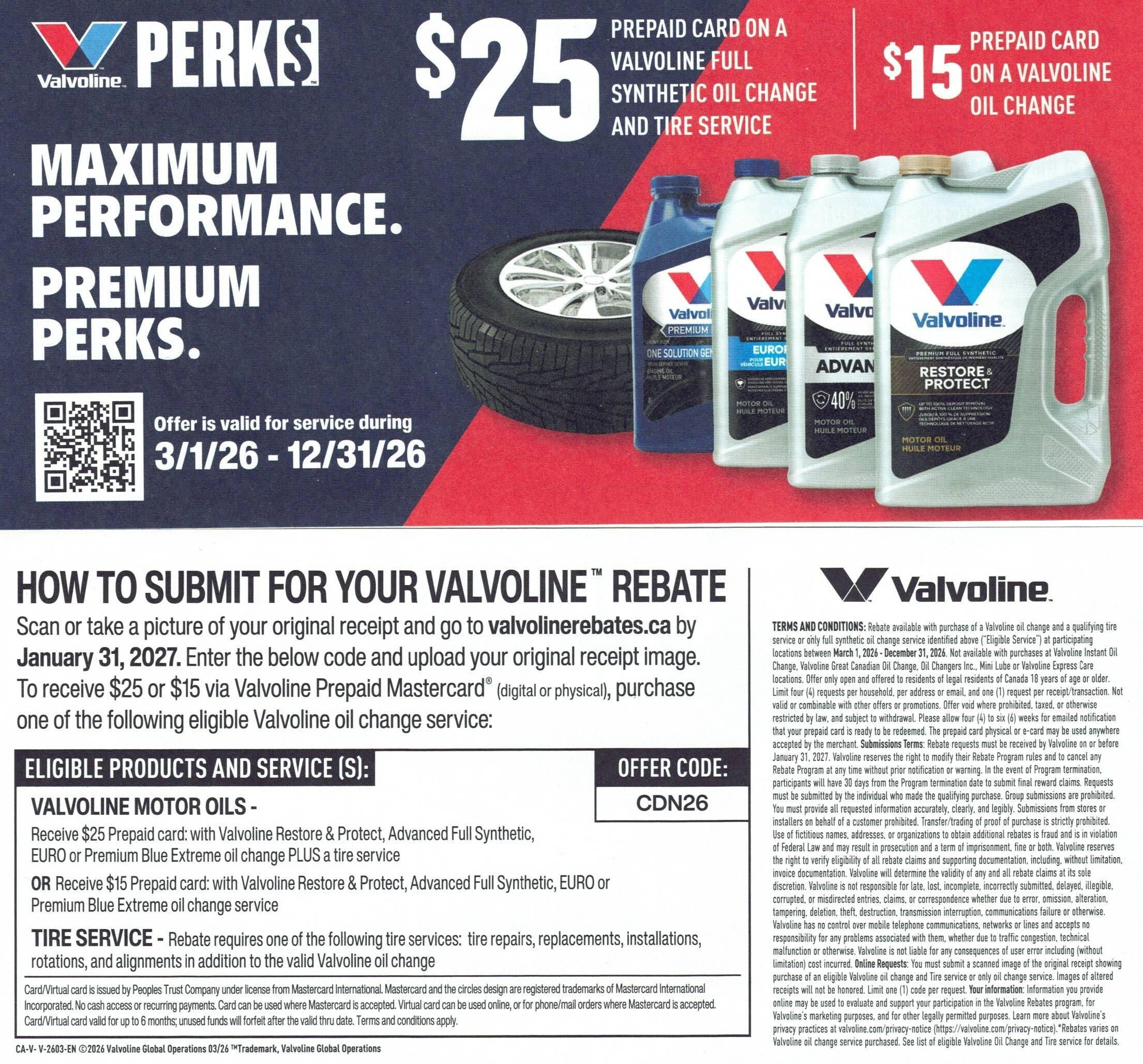 Valvoline oil change and tire service for maximum engine performance.