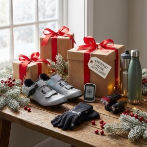 Display of cycling gifts including bike lights, gloves, and accessories