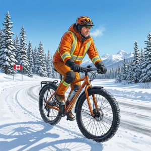 Cyclist riding safely on a snowy road in Canada wearing high-visibility winter gear and using wide tires.