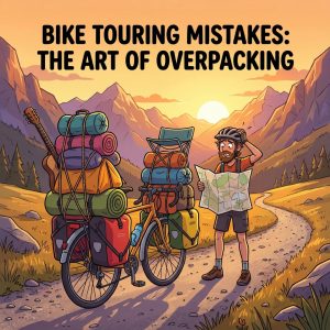 A digital illustration of a confused male cyclist standing on a scenic mountain trail at sunset. Next to him is a touring bicycle heavily overloaded with excessive camping gear, sleeping bags, and panniers, illustrating the mistake of overpacking