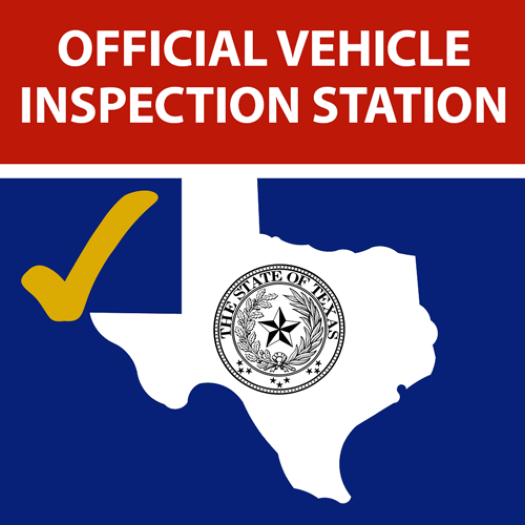 Official vehicle inspection station in Texas with state seal and checkmark.