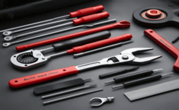 Automotive repair tools with wrenches, screwdrivers, and pliers on a black background.
