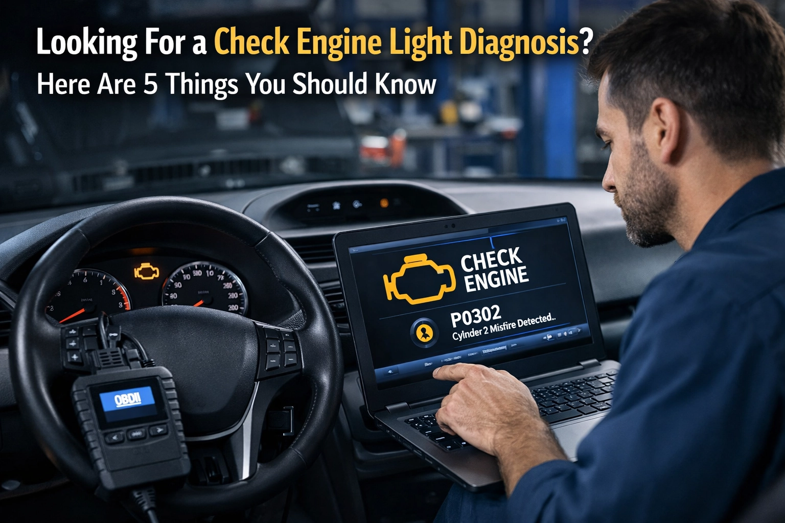 Check engine light on dashboard with diagnostic scan tool in use.