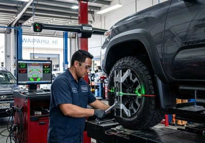 Auto technician performing tire alignment on a black SUV at Capitol Auto Service, Waipahu, HI.