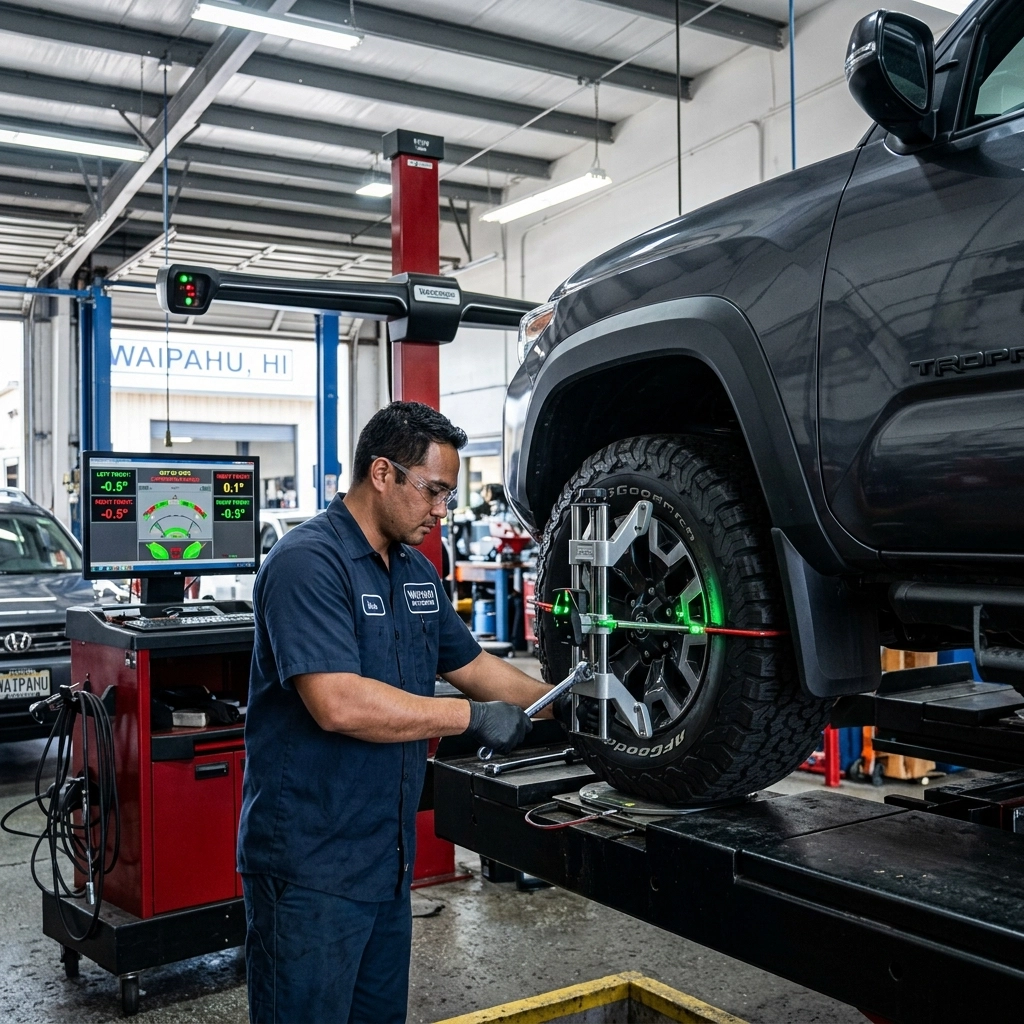 Auto technician performing tire alignment on a black SUV at Capitol Auto Service, Waipahu, HI.