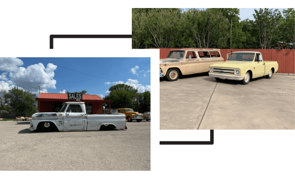 Classic vintage cars parked outside Car Corral Garage for sale or restoration.